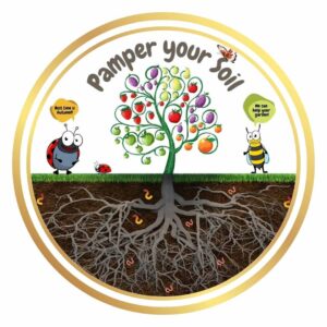 A cartoon illustration promoting soil care with a fruit tree, ladybugs, a bee, a butterfly, and earthworms. The text reads "Pamper your Soil," with a ladybug saying "Best time is Autumn!!" and a bee saying "We can help your garden.